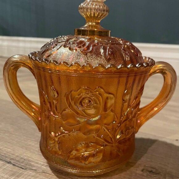 Imperial Glass Other - Imperial Glass Carnival Glass “Open Rose” Covered Sugar Bowl –Marigold READ